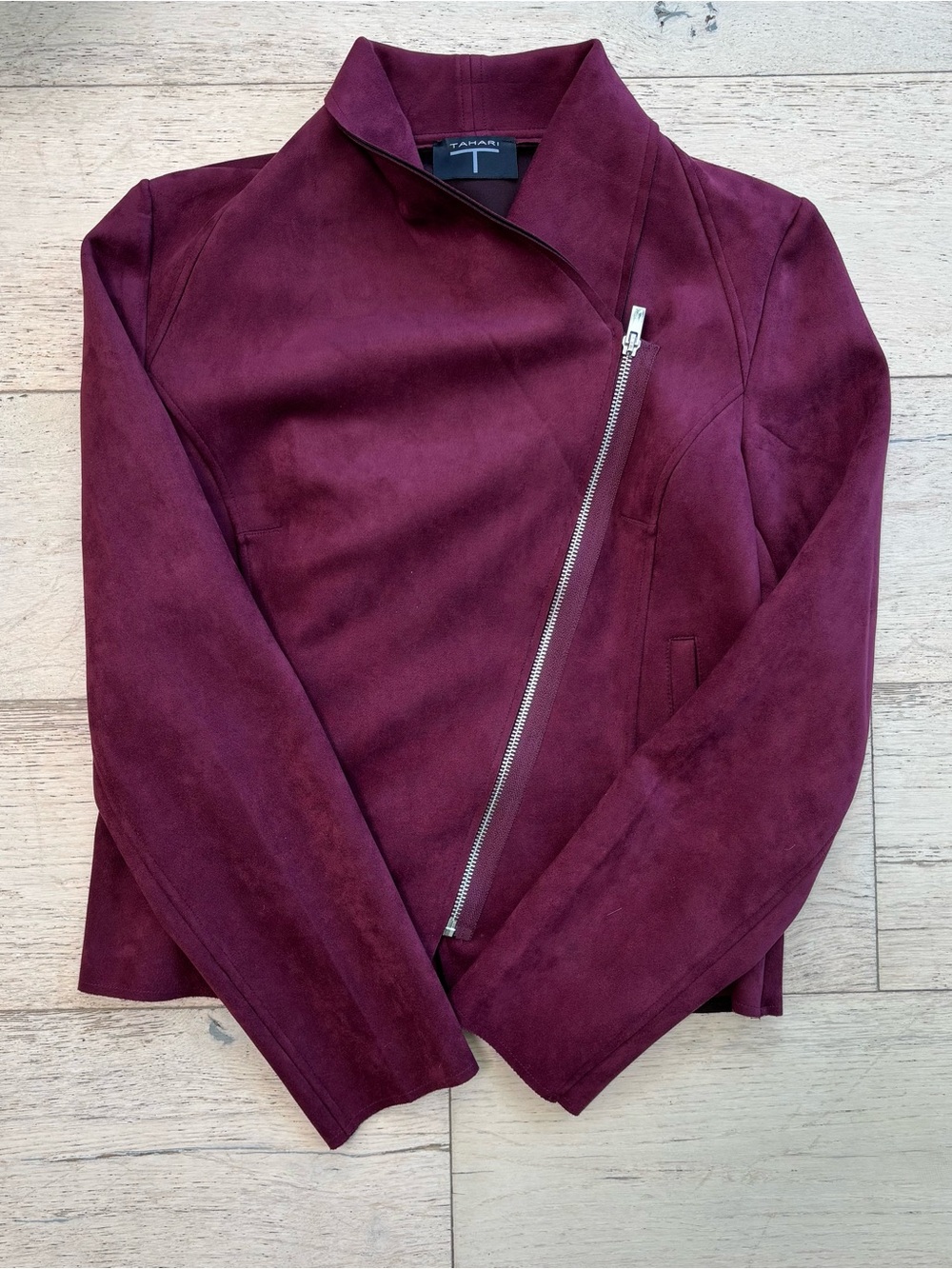 T Tahari Wine Red Suede Asymmetrical Moto Jacket - Picture 4 of 6